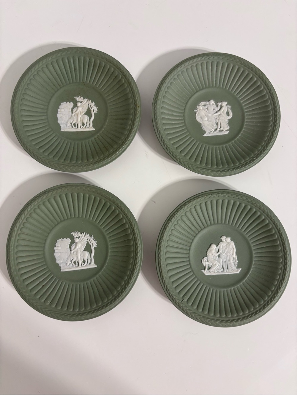 Wedgwood Jasperware Green Trinket Dishes Set 4 Pegasus Muses Classical Relief